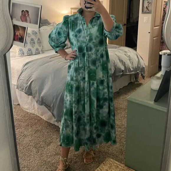Hunter Bell Green Babydoll Maxi Dress XS Boho Tiered Ruffle Cottage Cotton $400 - Picture 6 of 11